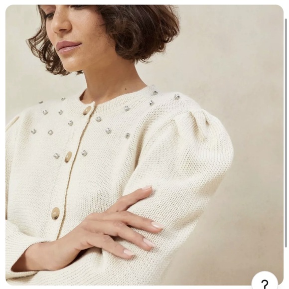 NWT Loeffler Randall Cream Kim Embellished Puff Sleeve Cardigan Sweater Size S - Picture 2 of 10